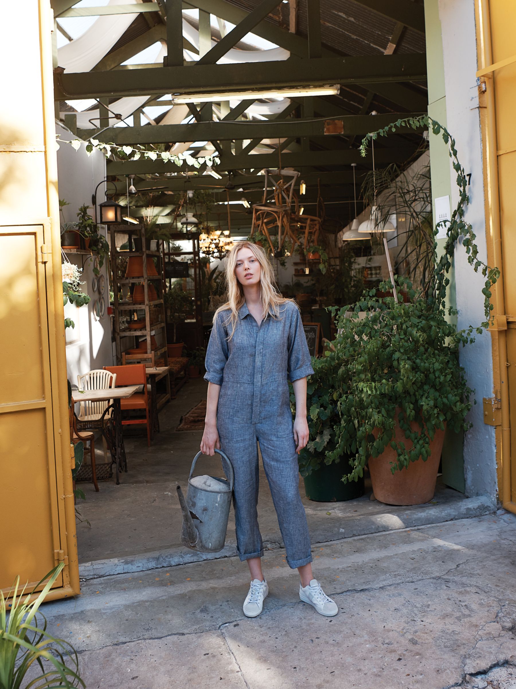 NRBY Lise Linen Jumpsuit, Blue/Grey Chambray at John Lewis & Partners
