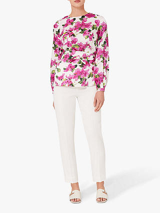 Hobbs Belted Floral Blouse, Ivory/Fuchsia