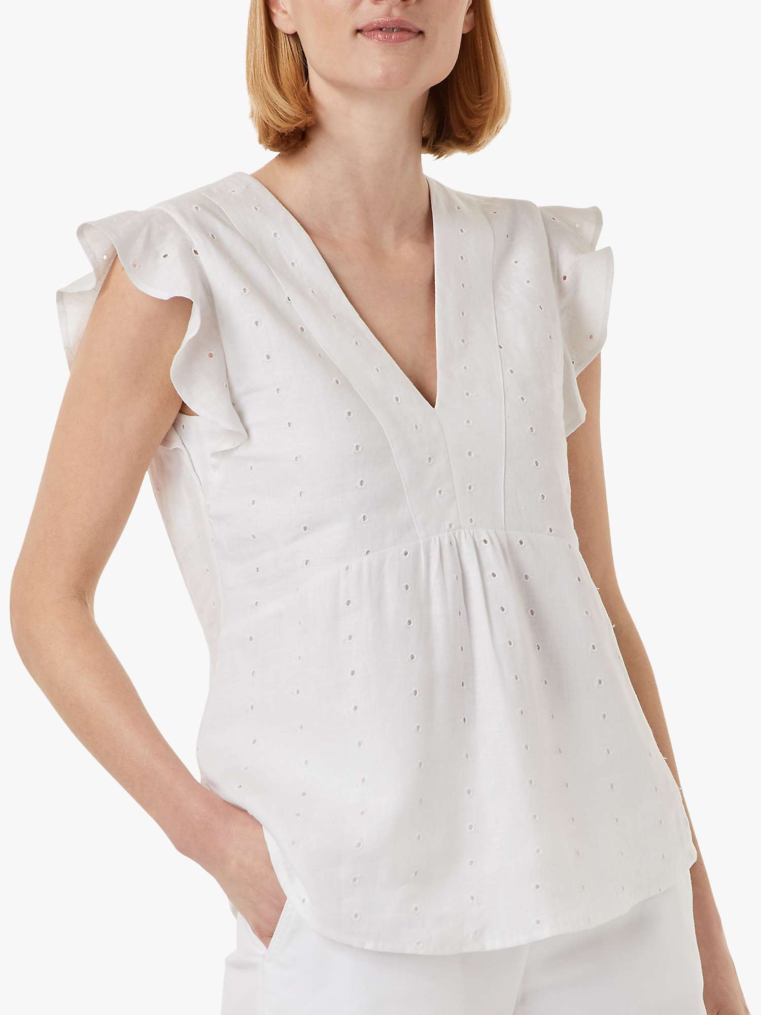 Buy Hobbs Avia Broderie Frill Sleeve Linen Top, White Online at johnlewis.com