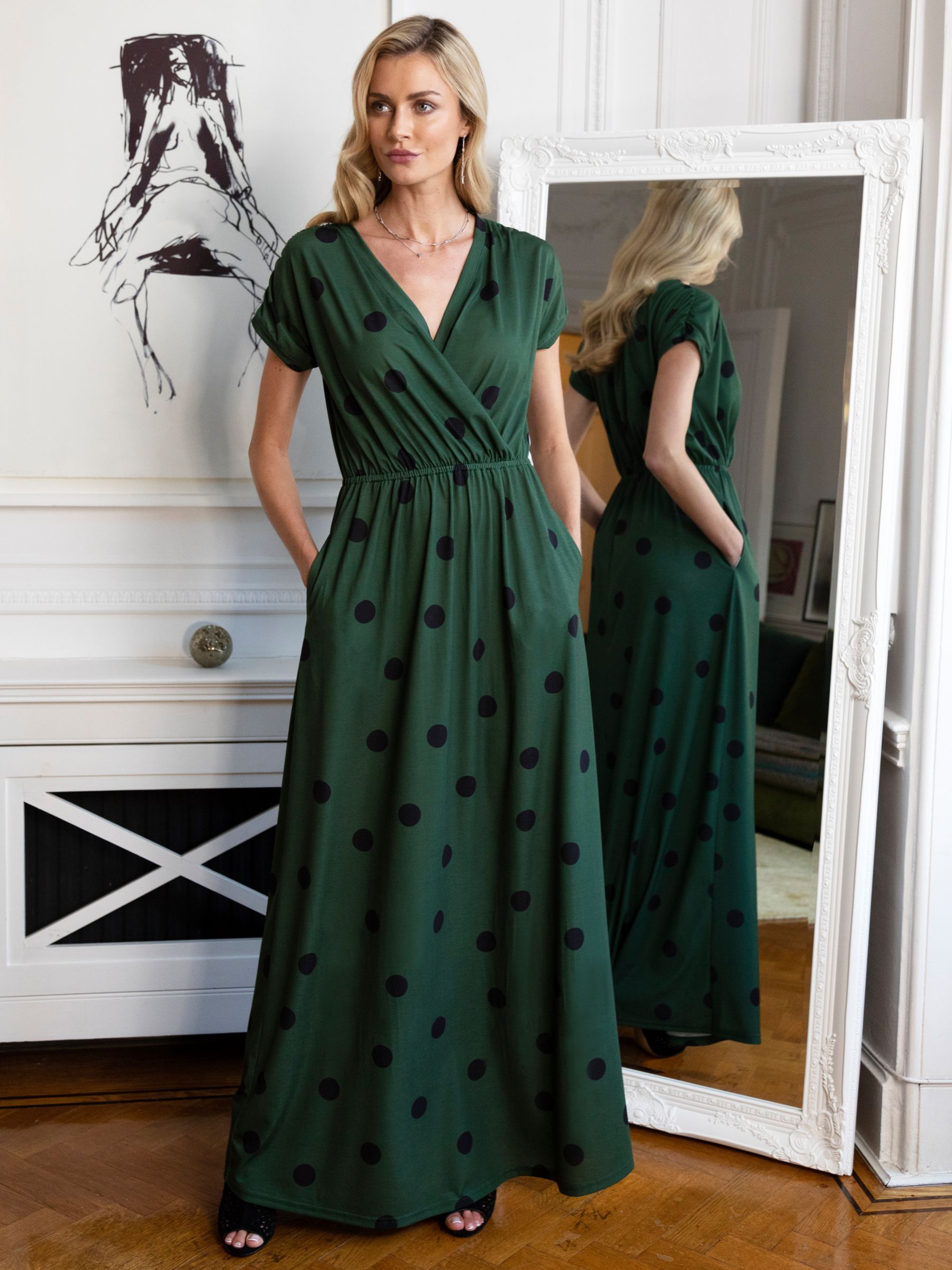 HotSquash Spot Print Wrap Front Maxi Dress, Green/Black, 8