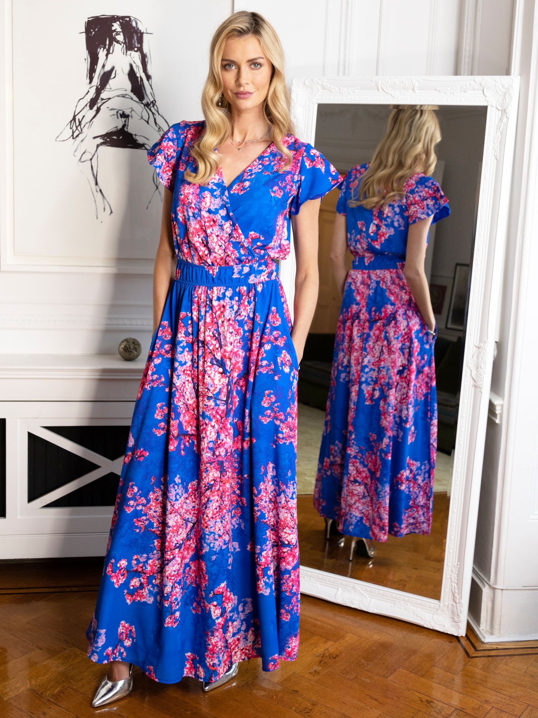 HotSquash Floral Print Wrap Front Maxi Dress, Blue/Multi