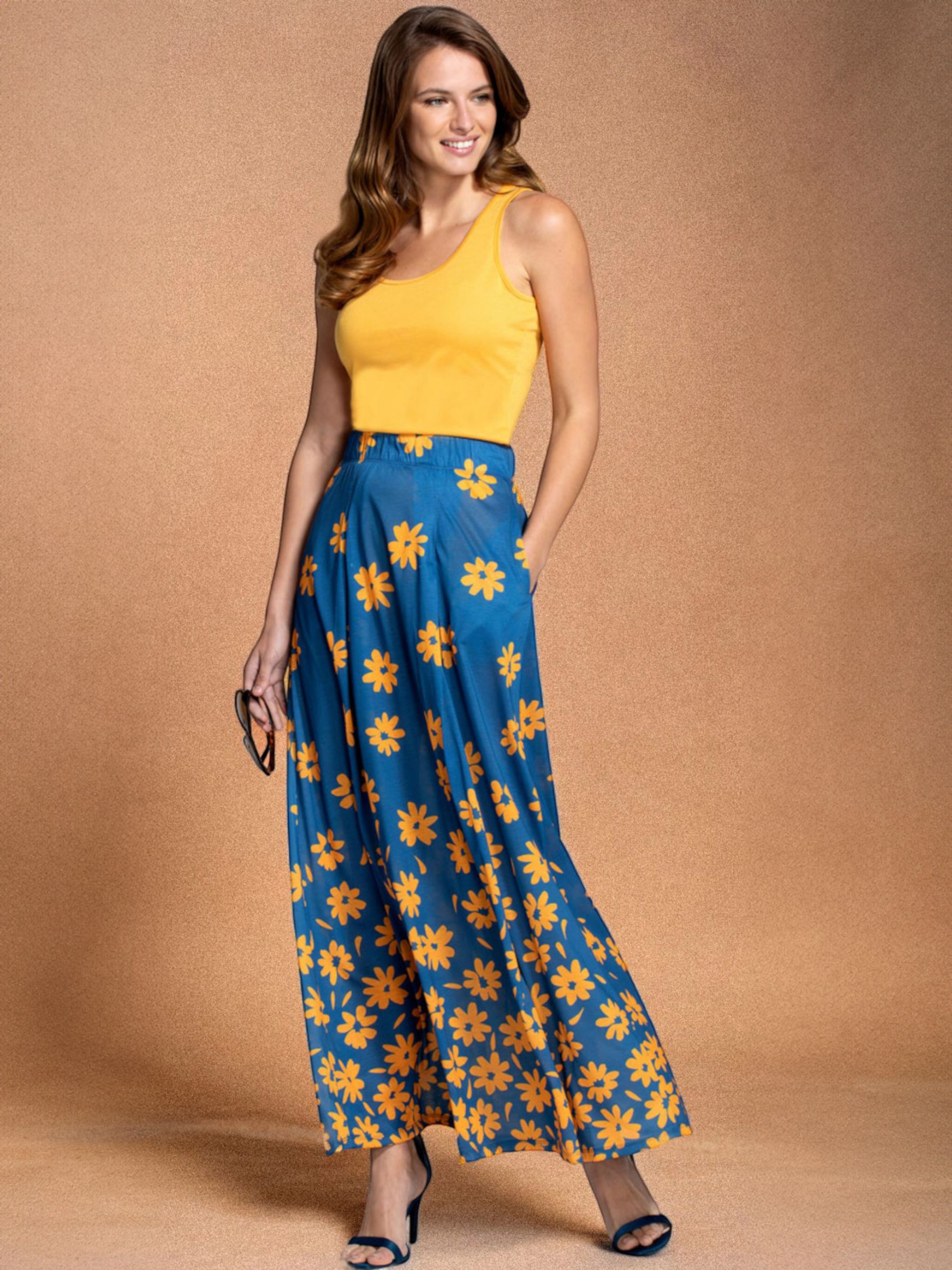 Buy HotSquash Box Pleat Daisy Print Maxi Skirt, Blue/Yellow Online at johnlewis.com