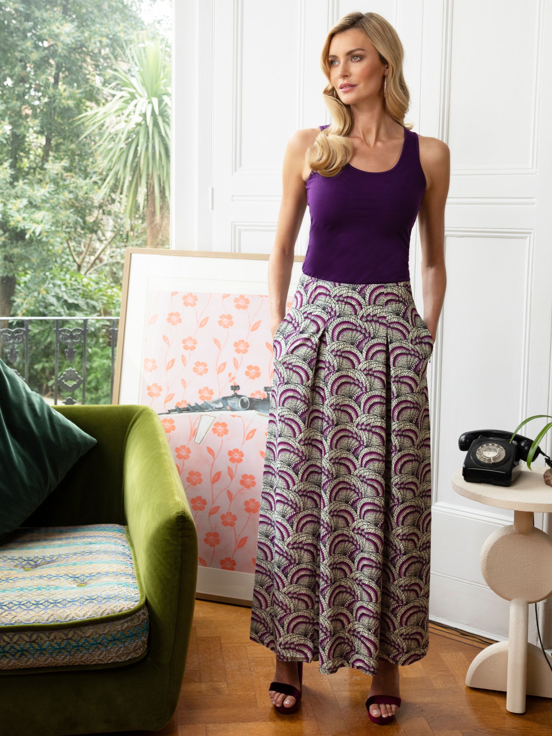 Buy HotSquash Box Pleat Maxi Skirt, Purple Kimono Print Online at johnlewis.com