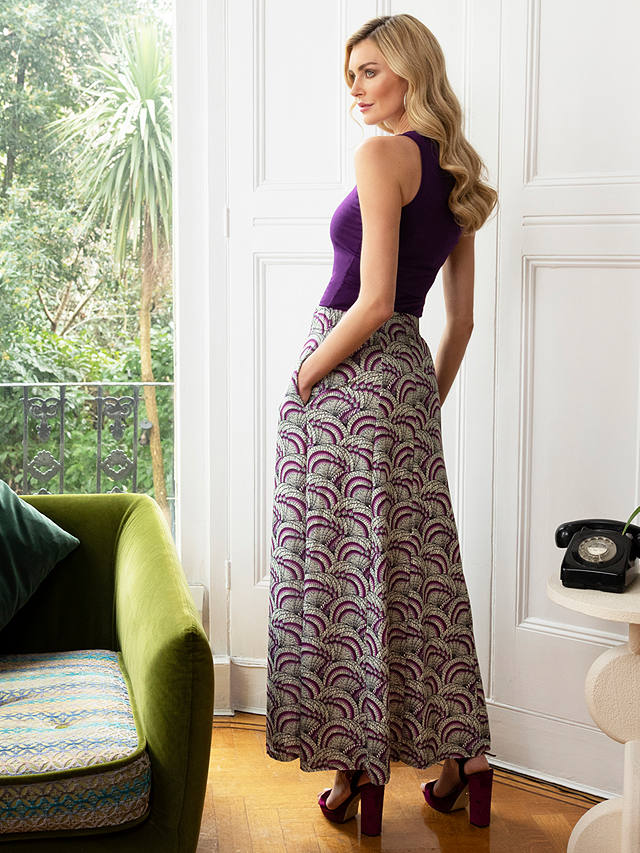 HotSquash Box Pleat Maxi Skirt, Purple Kimono Print