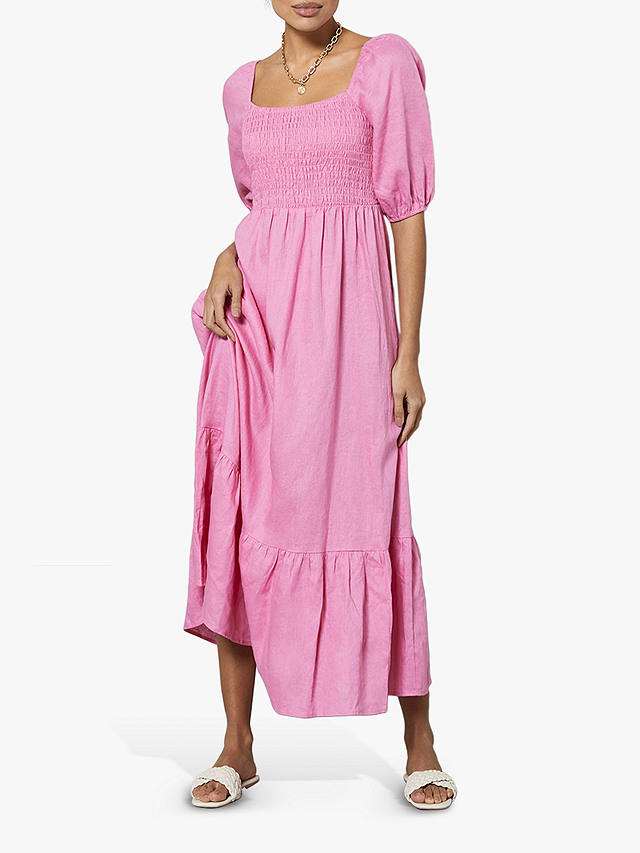 Mint Velvet Shirred Linen Midi Dress, Pink