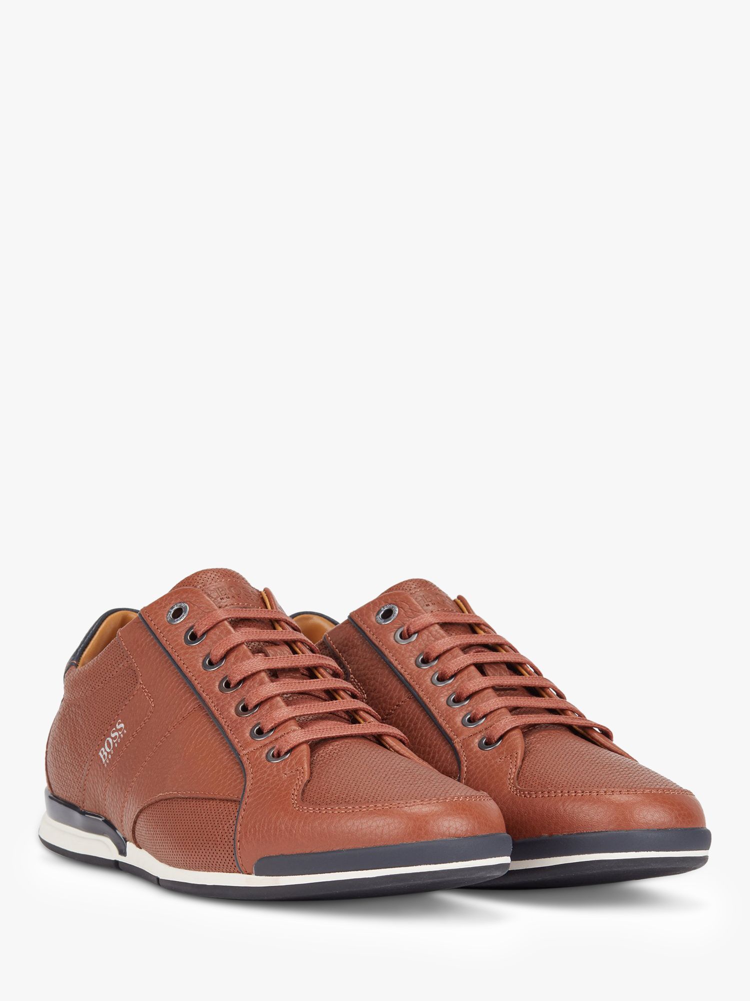 BOSS Saturn Low Top Leather Trainers, Tumbled Tan at John Lewis & Partners