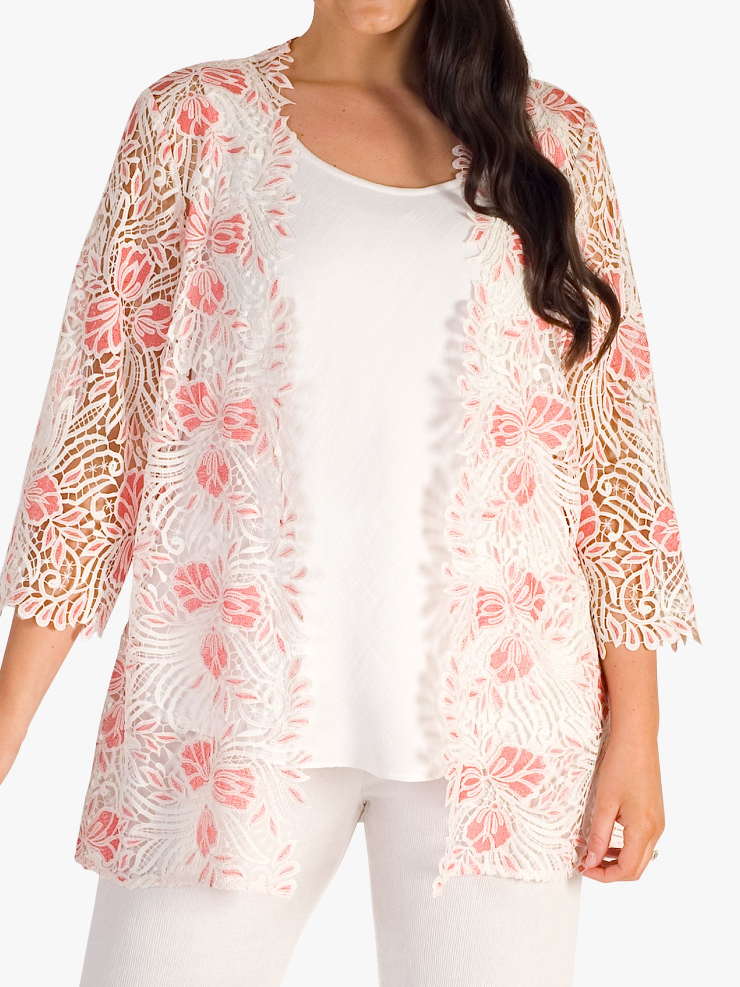 Chesca Gupiere Floral Lace Jacket, White/Coral