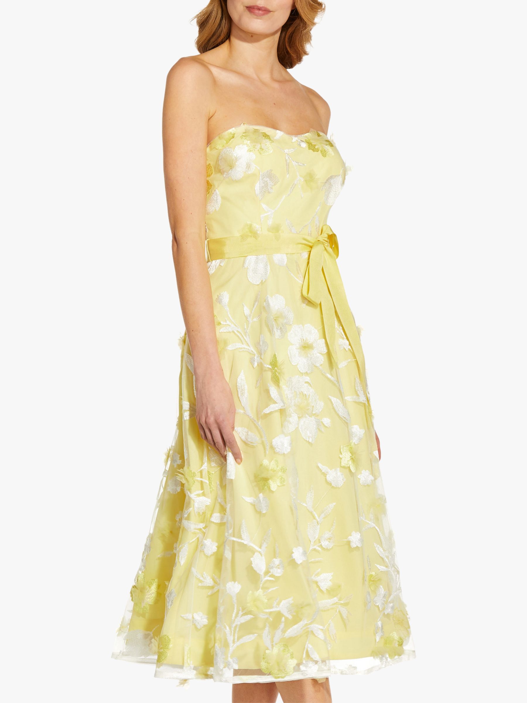 Adrianna Papell Floral Embroidered Strapless Tea Dress, Lemon Souffle