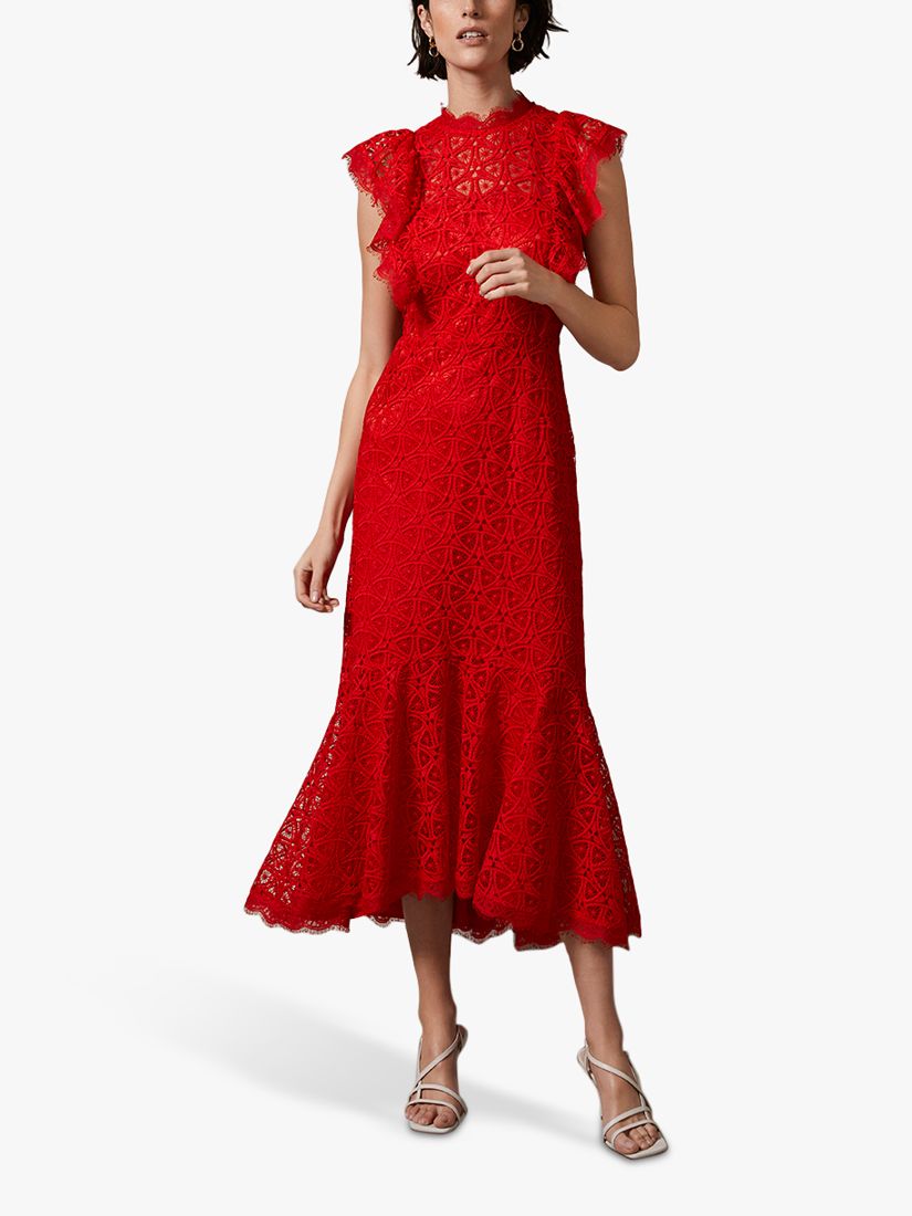 Mint Velvet Ruffle Cord Lace Midi Dress, Red at John Lewis & Partners