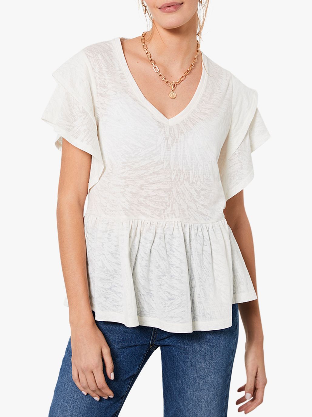 Mint Velvet Burnout Feather Tiered Sleeve Top, Ivory