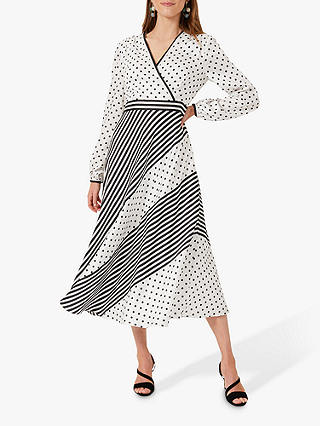 Hobbs Monochrome Spot Stripe Midi Dress, Ivory/Black