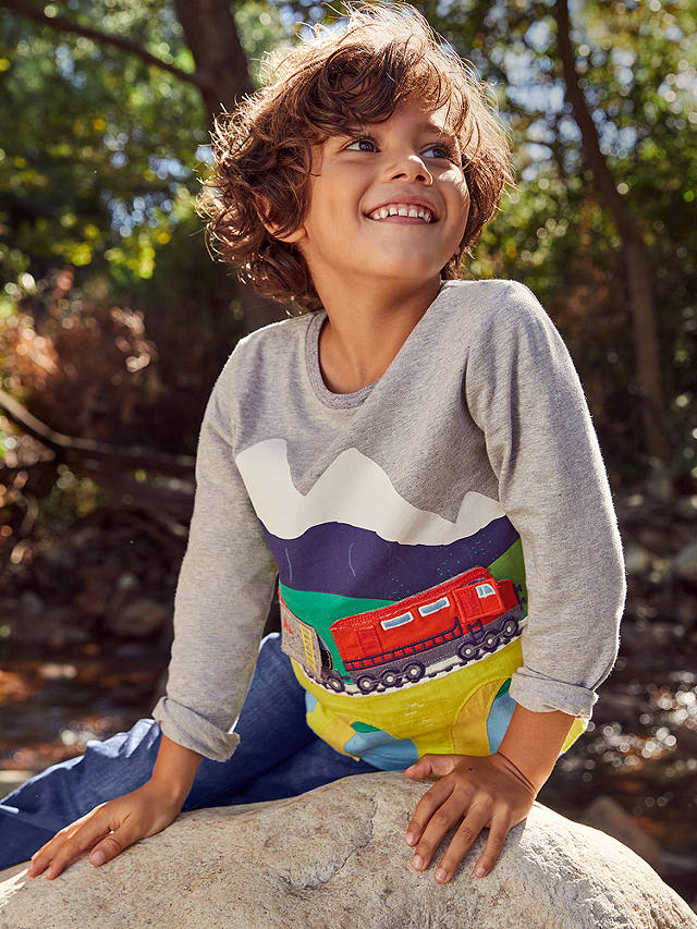 Mini Boden Kids' Lift the Flap Train T-Shirt, Grey Marl