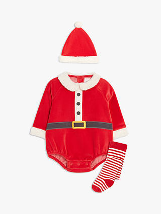 John Lewis Baby Santa Bodysuit, Hat & Tights Set, Red