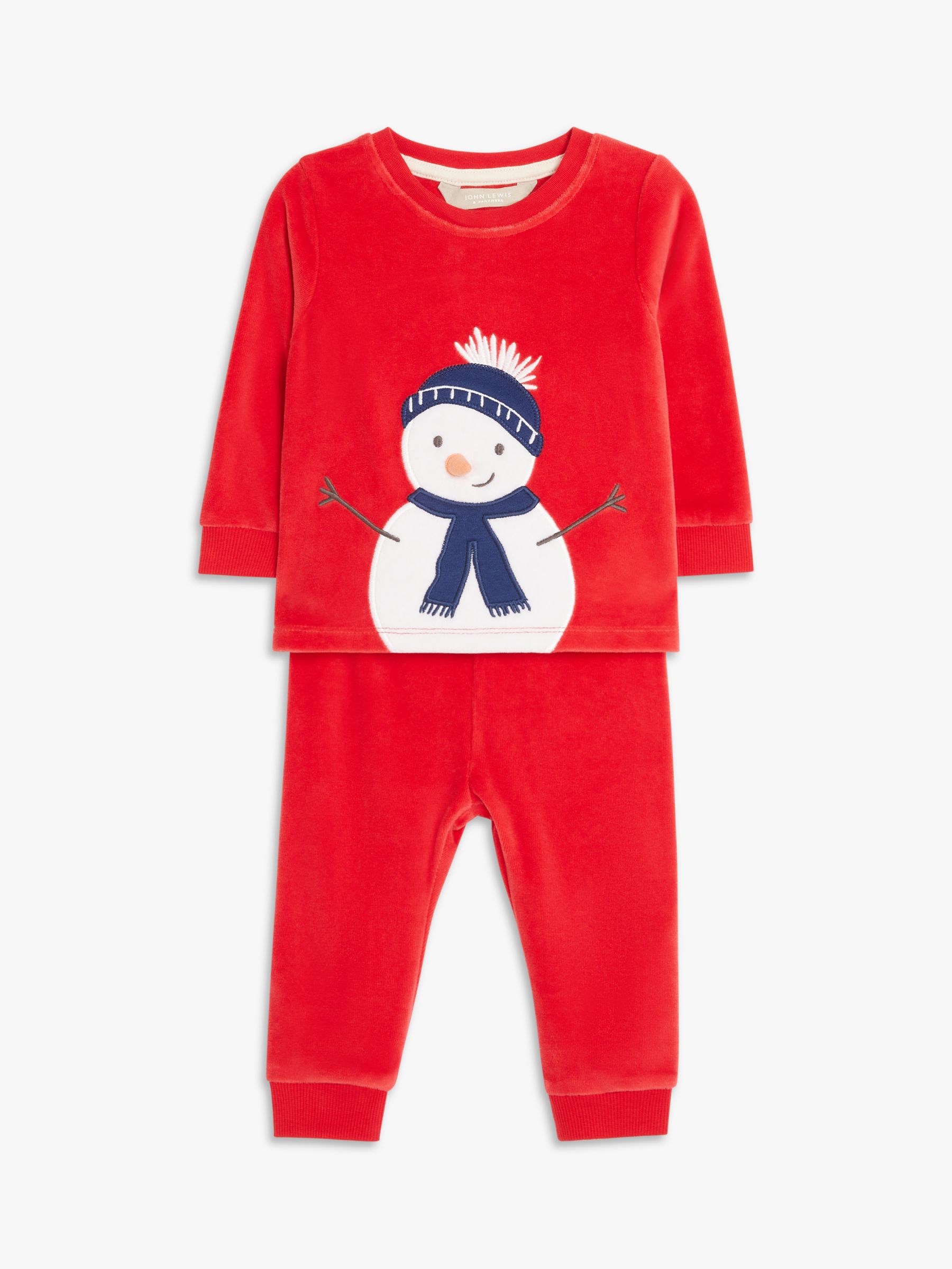 John Lewis Partners Baby Snowman Velour Pyjama Set Red