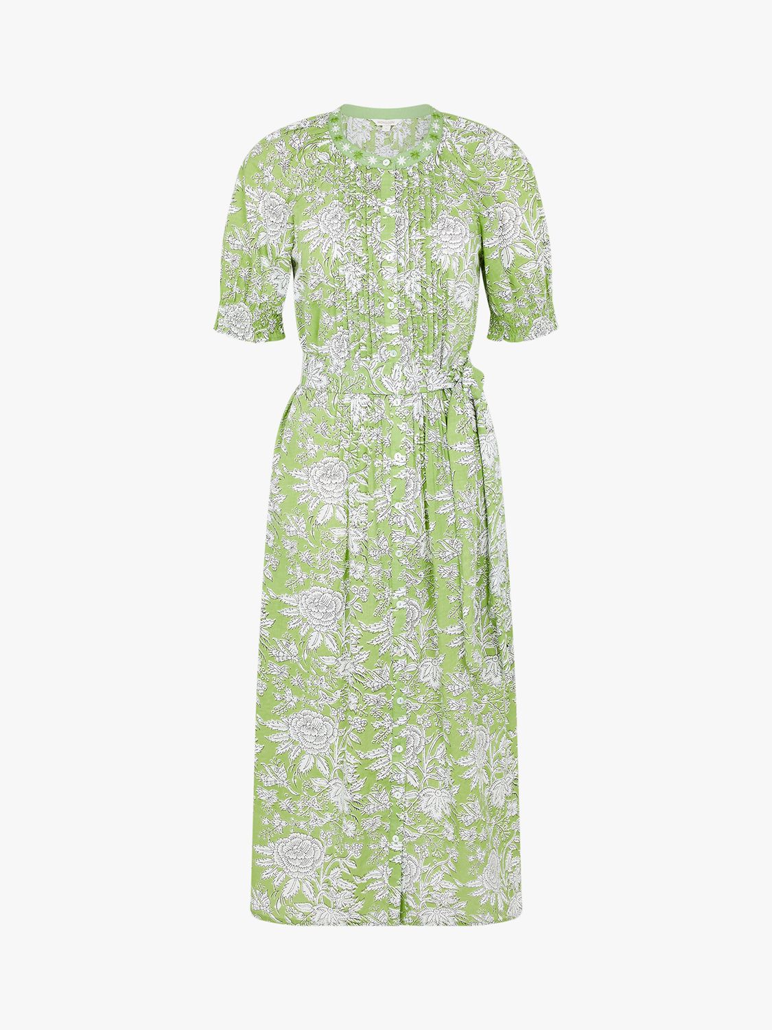 Monsoon Floral Print Artisan Organic Cotton Dress, Green/Multi