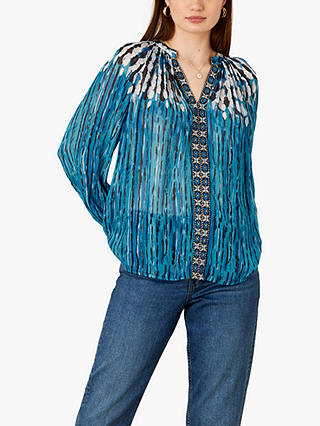 Monsoon Painted Feather Print Top, Blue