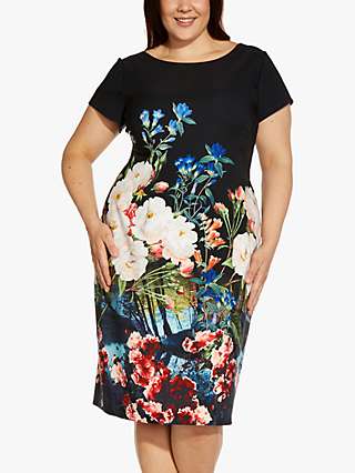 Adrianna Papell Plus Floral Print Knee Length Sheath Dress, Black/Coral Multi
