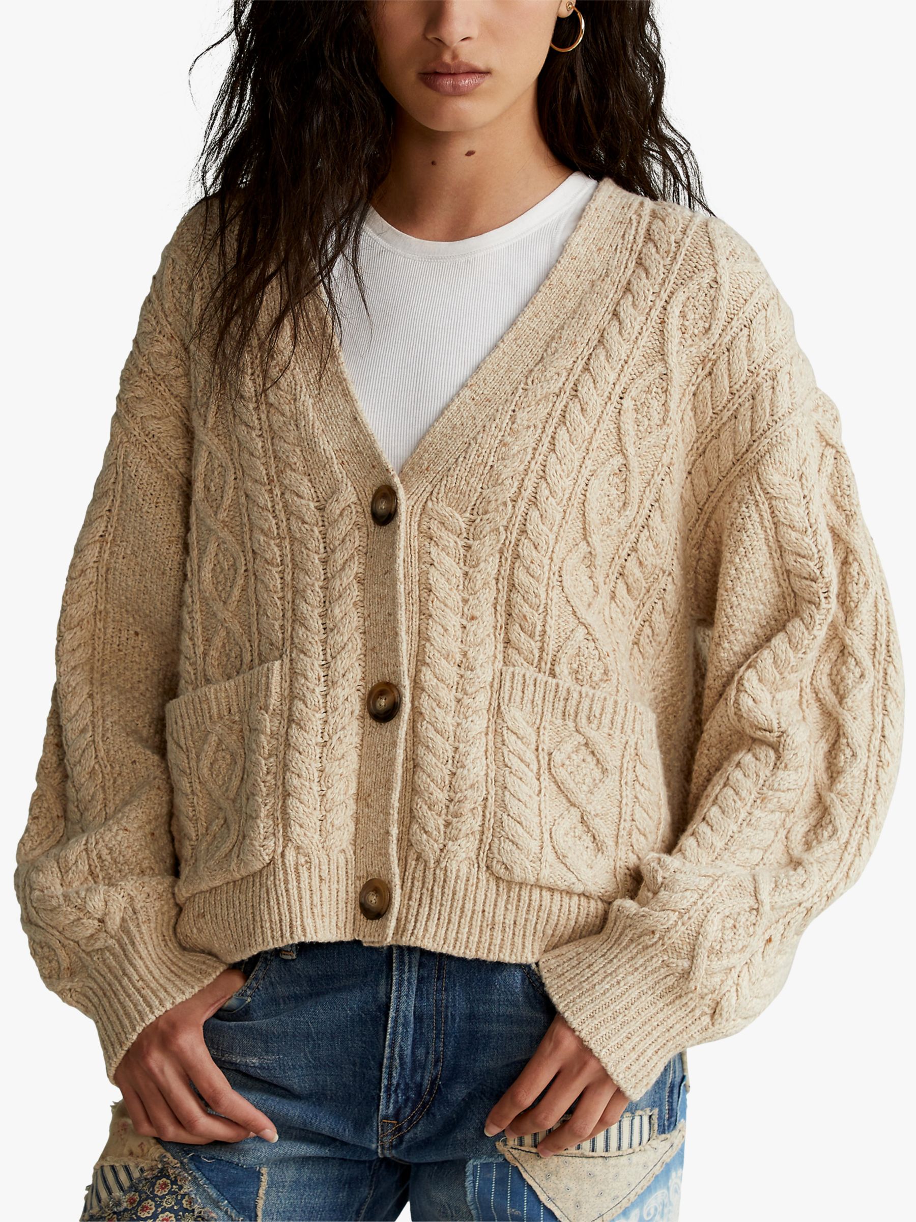 Polo Ralph Lauren Wool and Cashmere Blend Cable Knit Cardigan, Light Tallow  Donegal