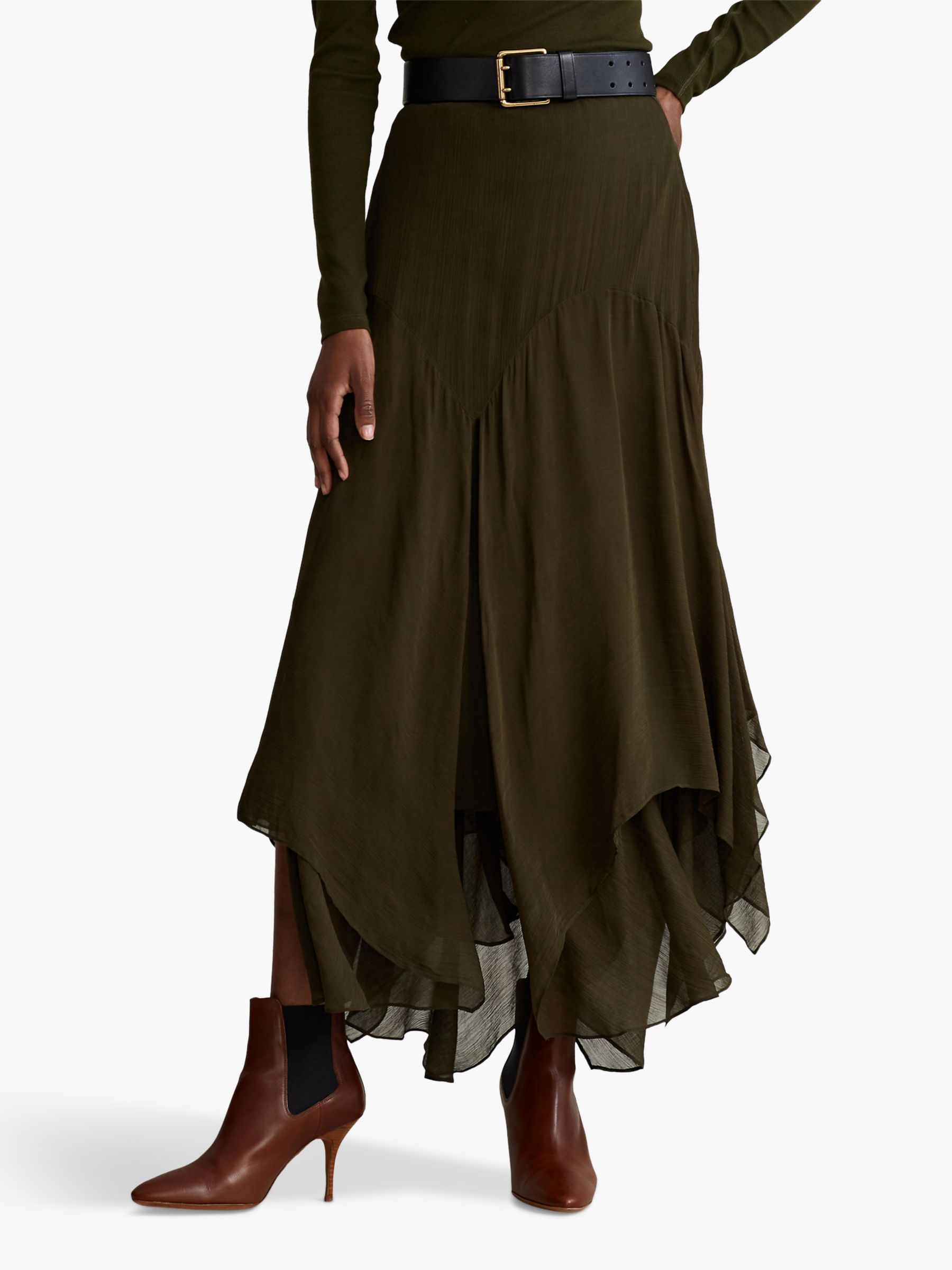 Polo Ralph Lauren Crinkled Handkerchief Midi Skirt, Dark Loden
