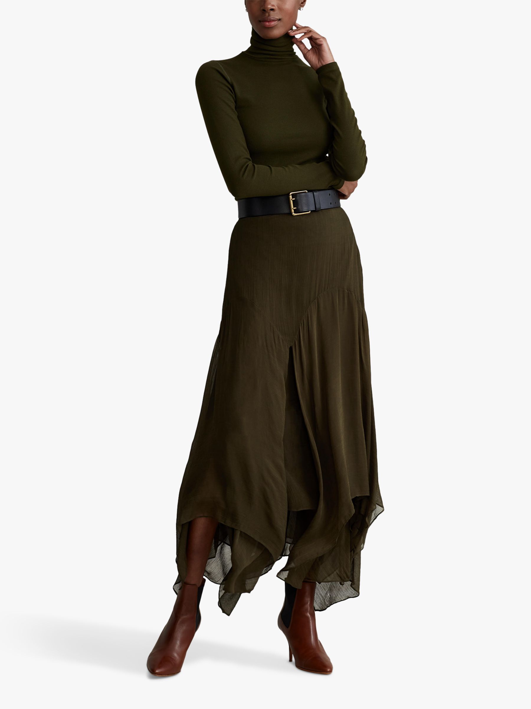 Polo Ralph Lauren Crinkled Handkerchief Midi Skirt, Dark Loden