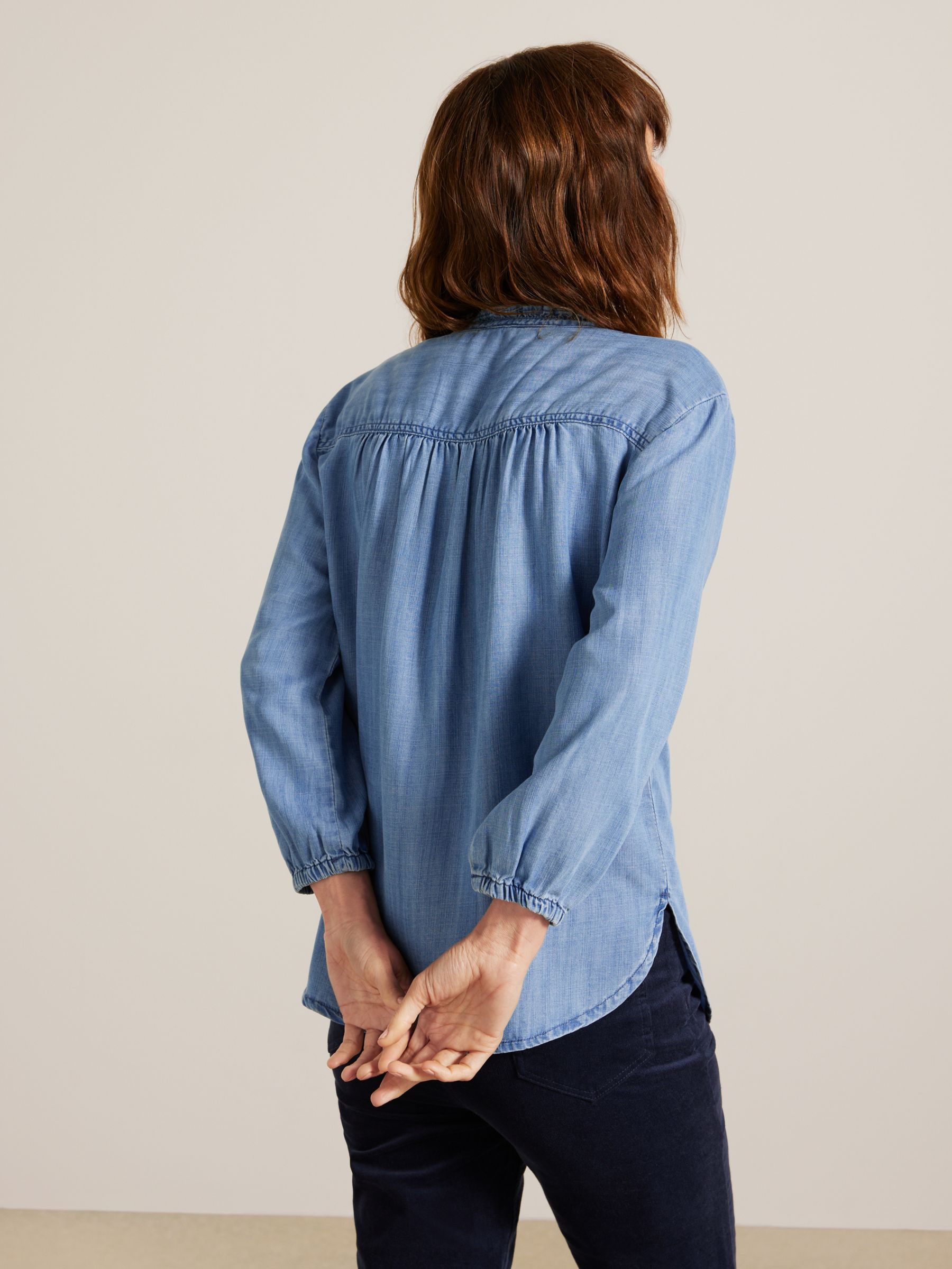 John Lewis Denim Frill Neck Shirt, Light Wash