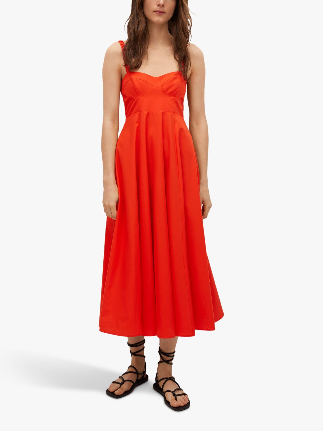 Mango Ruched Strap Cotton Midi Dress, Red