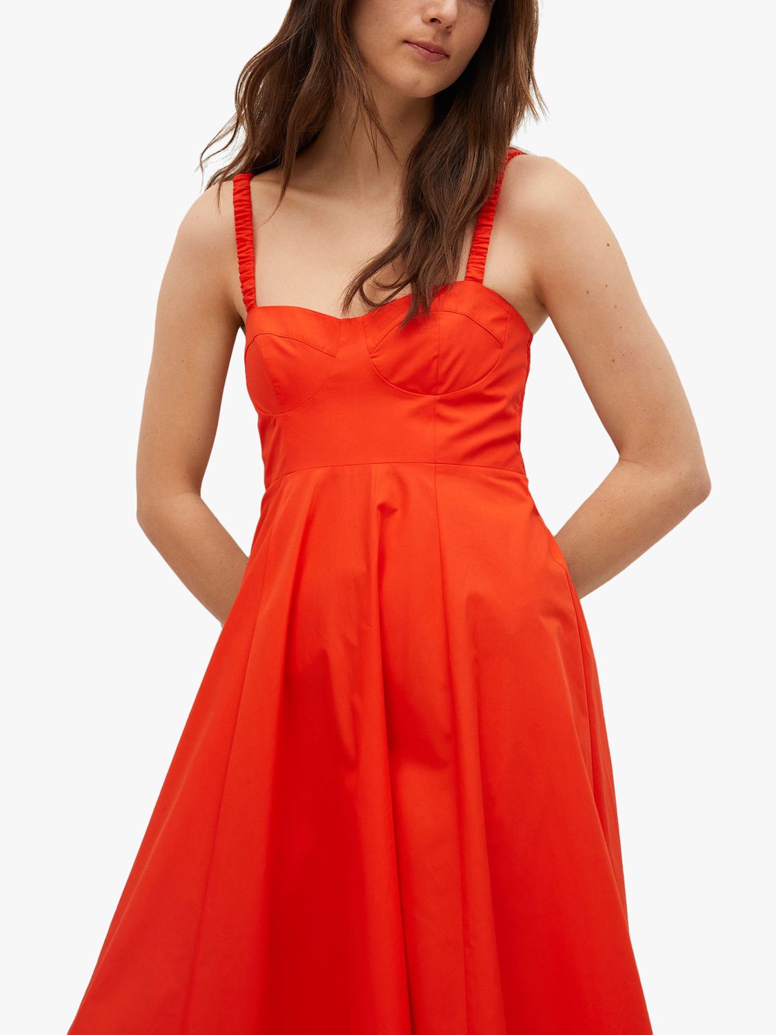 Mango Ruched Strap Cotton Midi Dress, Red at John Lewis & Partners