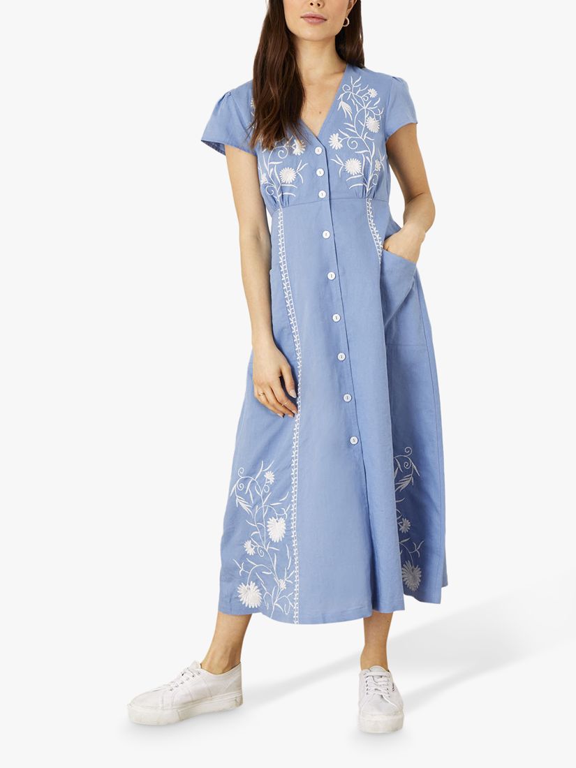 Monsoon Floral Embroidered Midi Dress, Blue