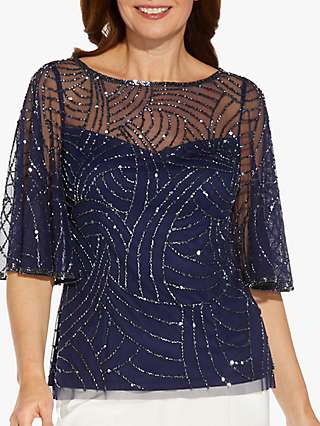 Adrianna Papell Bead Embellished Boat Neck Top, Light Navy