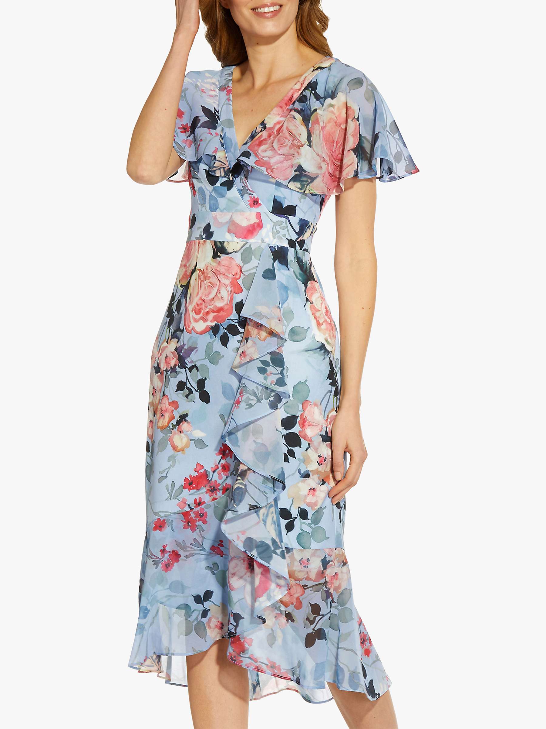Buy Adrianna Papell Floral Print Ruffle Midi Dress, Blue/Multi Online at johnlewis.com