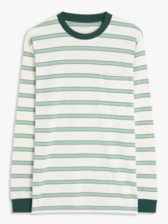 ANYDAY John Lewis & Partners Striped Cotton Long Sleeve Crew Neck T-Shirt, Ecru/Ocean Green, M