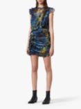 AllSaints Hali Mirus Abstract Snake Print Ruffle Dress, Deep Blue