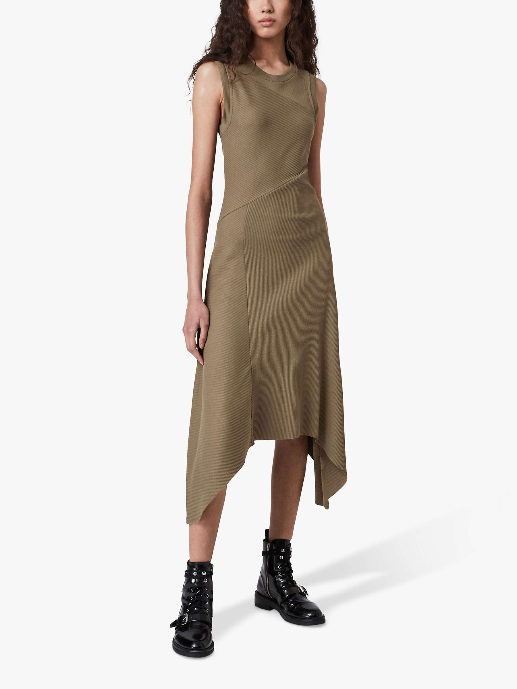 AllSaints Gia Asymmetric Hem Midi Dress, Khaki at John Lewis & Partners