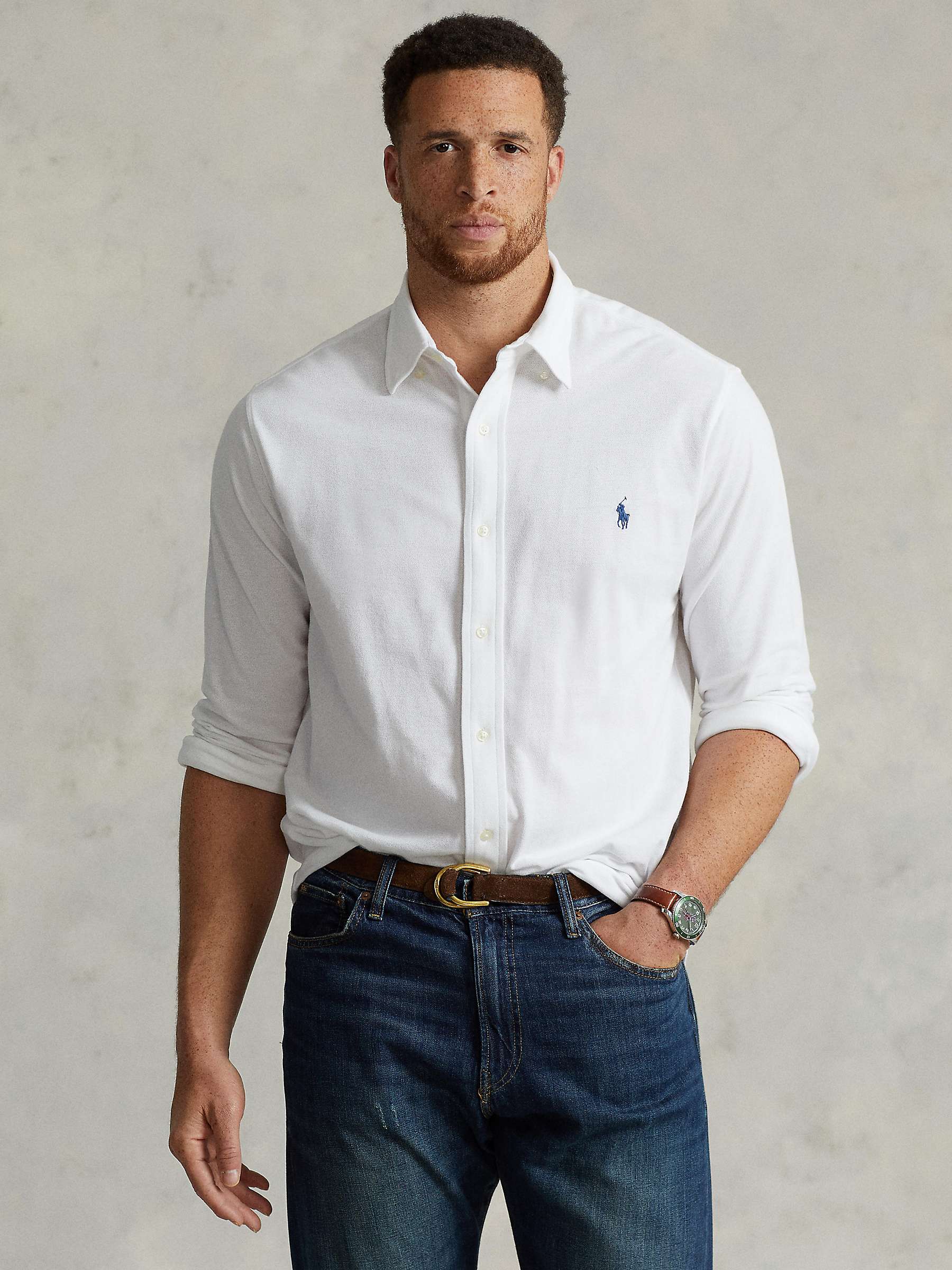 Polo Ralph Lauren Big & Tall Long Sleeve Cotton Mesh Shirt, White at John  Lewis & Partners