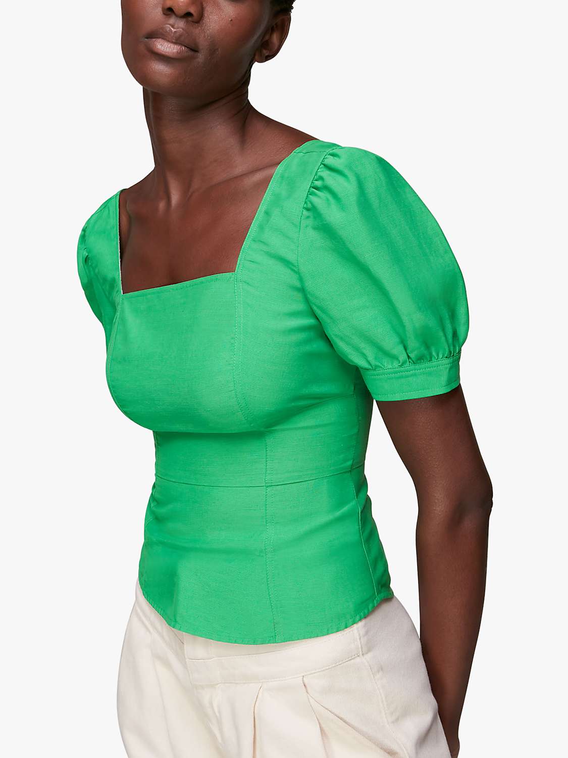 Buy Whistles Puff Sleeve Zip Back Linen Top, Green Online at johnlewis.com