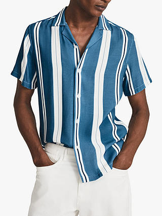 Reiss Monroe Stripe Cuban Collar Shirt, Airforce Blue