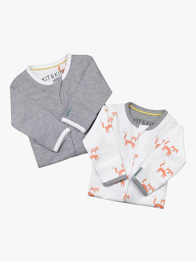 undefined | Kit & Kin Baby Organic Cotton Fox & Plain Romper, Pack of 2, Multi/Grey, 0-3 months