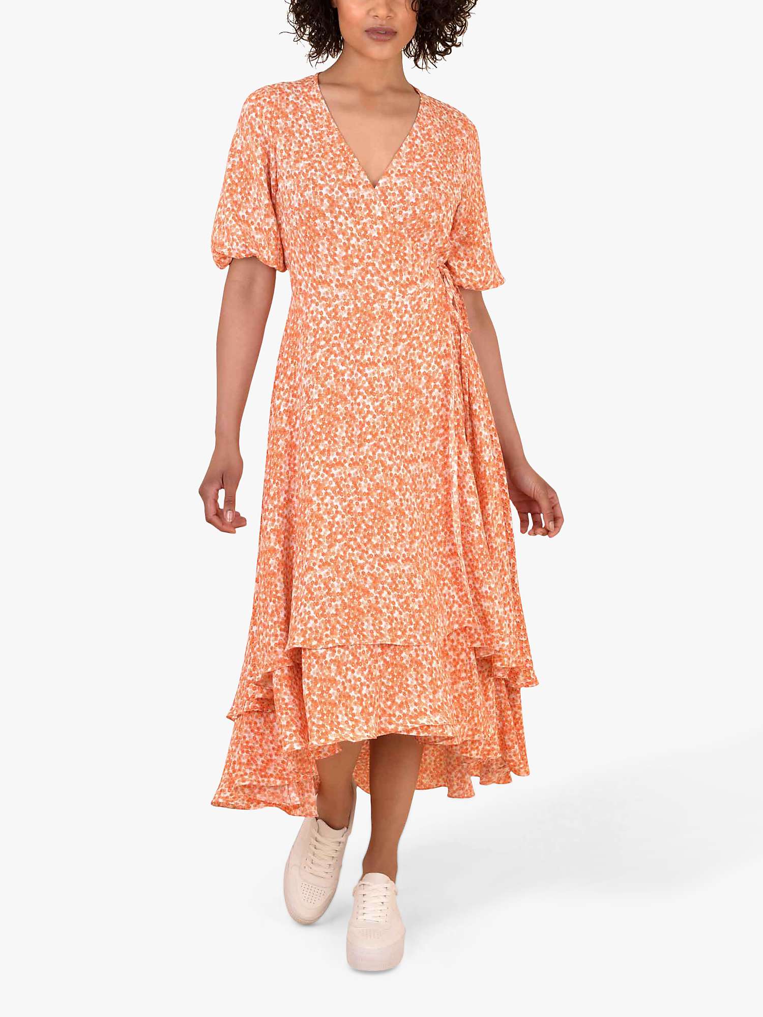 Ro\u0026Zo Ditsy Floral Print Midi Wrap Dress, Orange/White at John Lewis \u0026  Partners