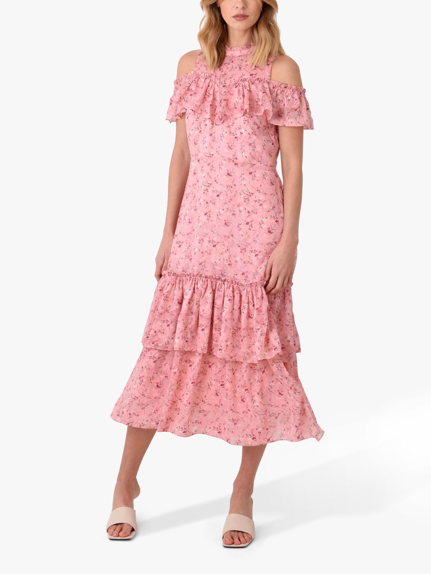 Ro&Zo Ditsy Floral Print Cold Shoulder Tiered Dress, Pink at John Lewis ...