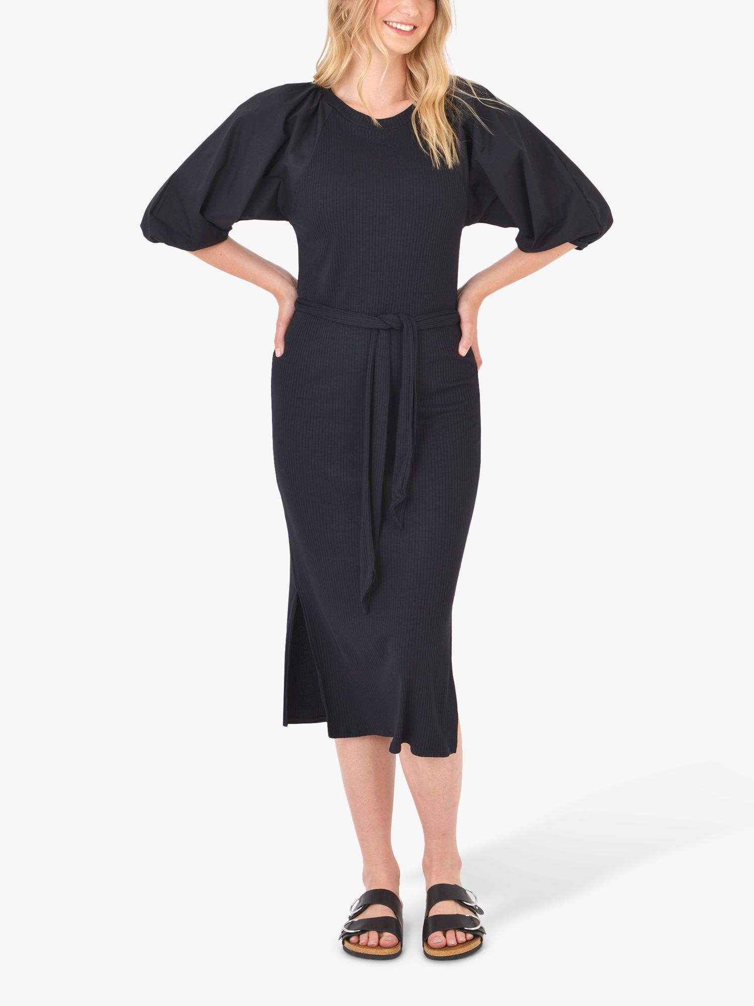 Ro&Zo Puff Sleeve Jersey Midi Dress, Black at John Lewis & Partners
