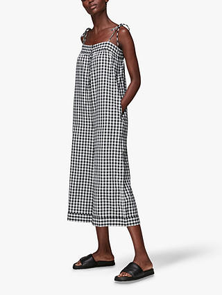 Whistles Penny Tie Strap Gingham Jumpsuit, Black/White