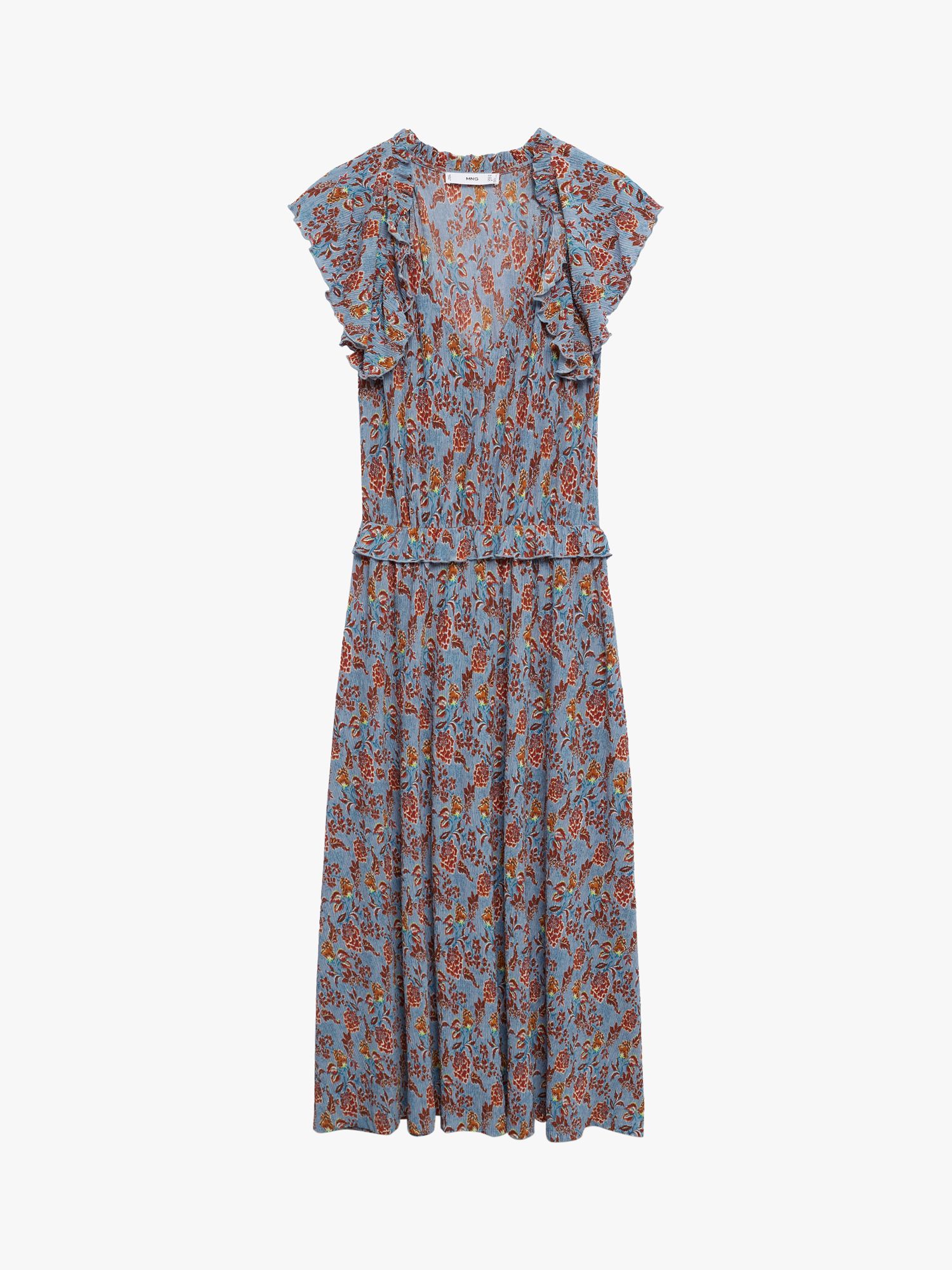 Mango Floral Textured Ruffled Midi Dress, Blue at John Lewis & Partners