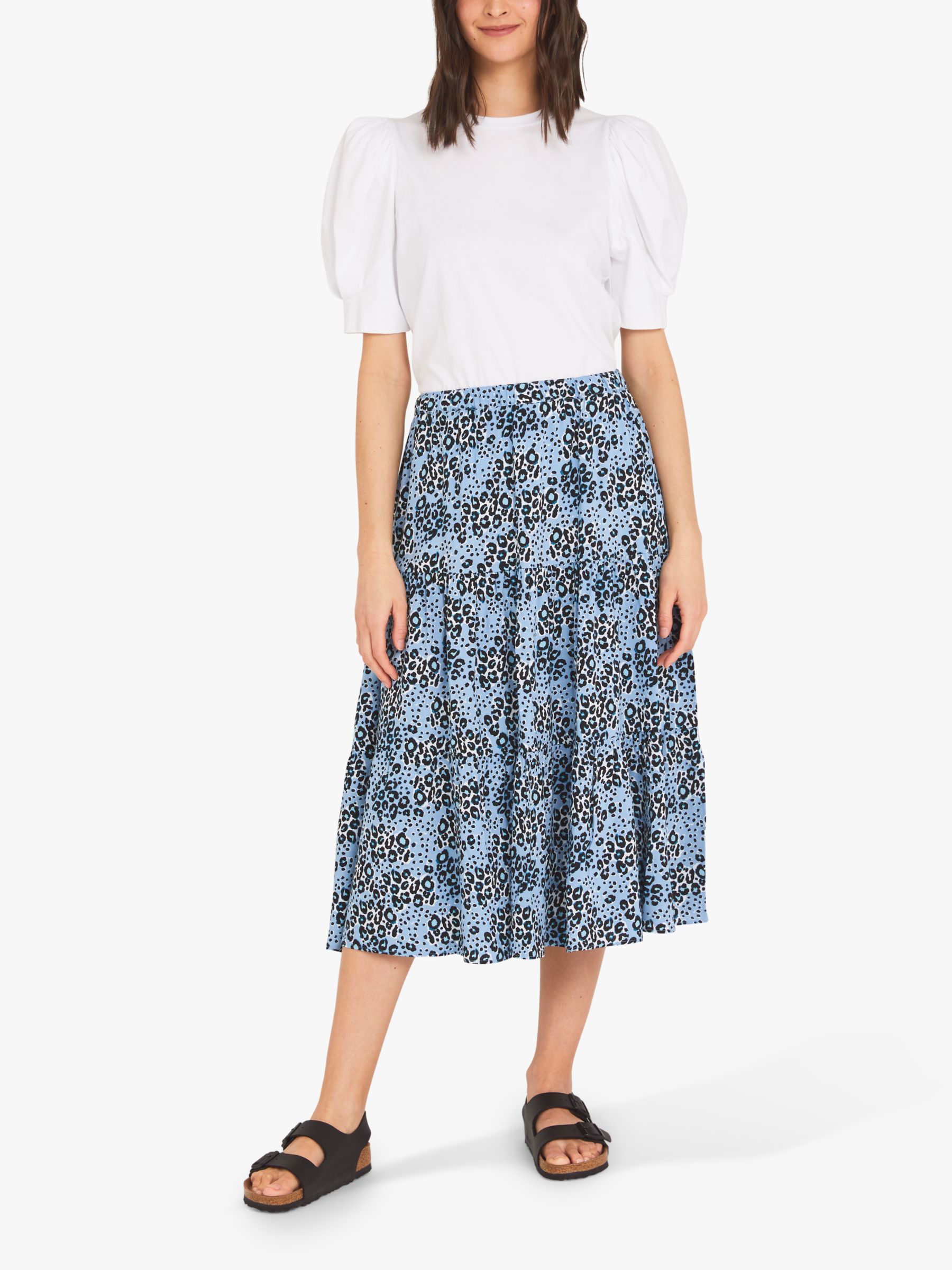 Finery Simone Leopard Print Tiered Skirt, Blue/Black
