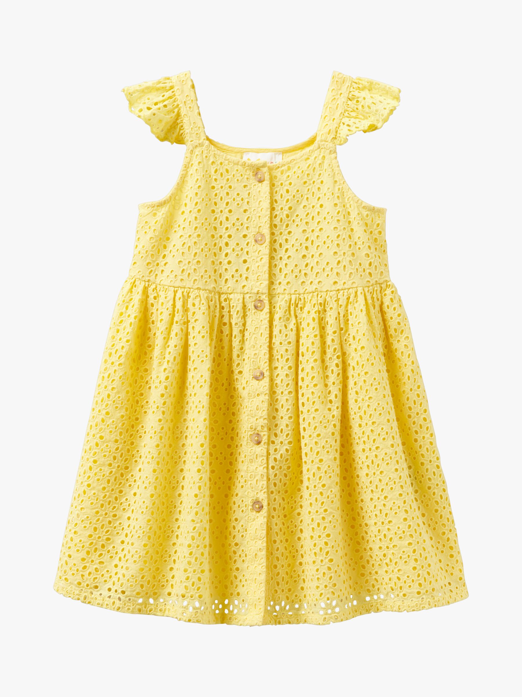 Crew Clothing Kids' Button Through Broderie Shiffly Dress, Yellow