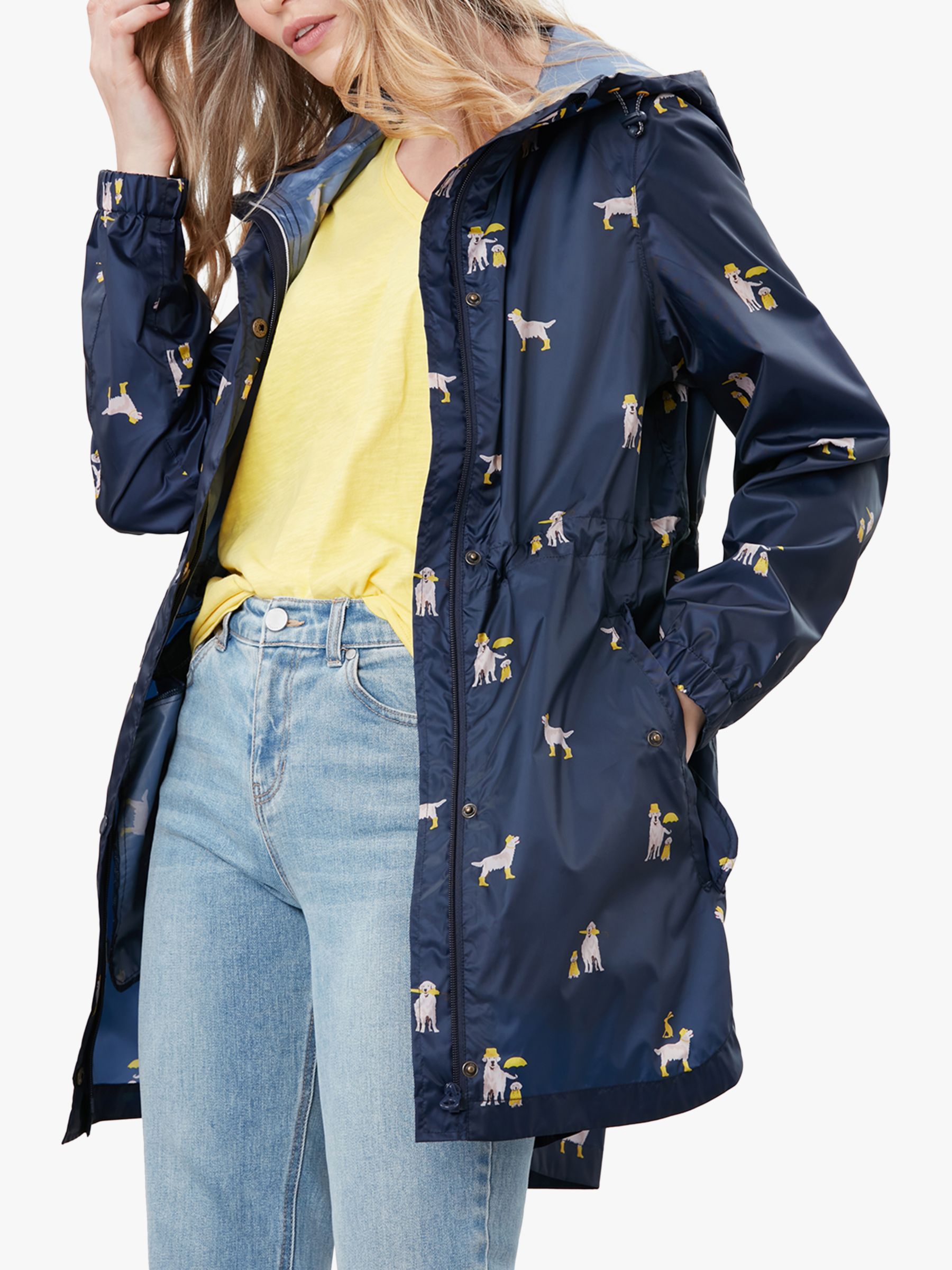 Joules Golightly Dog Print Waterproof Packaway Coat, Navy at John Lewis