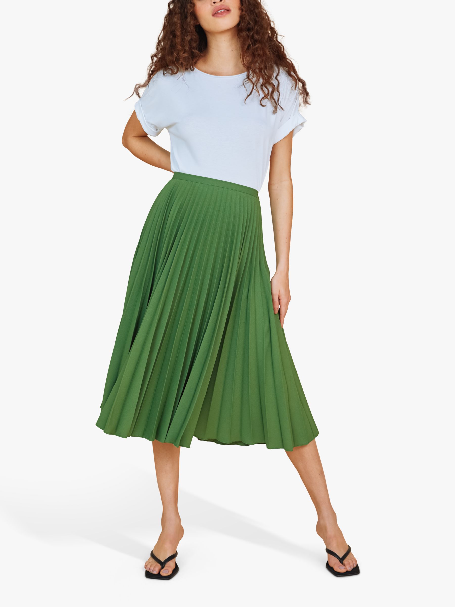 Finery Lottie Pleated Midi Skirt, Green at John Lewis & Partners