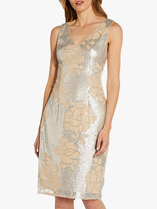 Adrianna Papell Sequin Floral V Neck Dress, Silver/Neutral