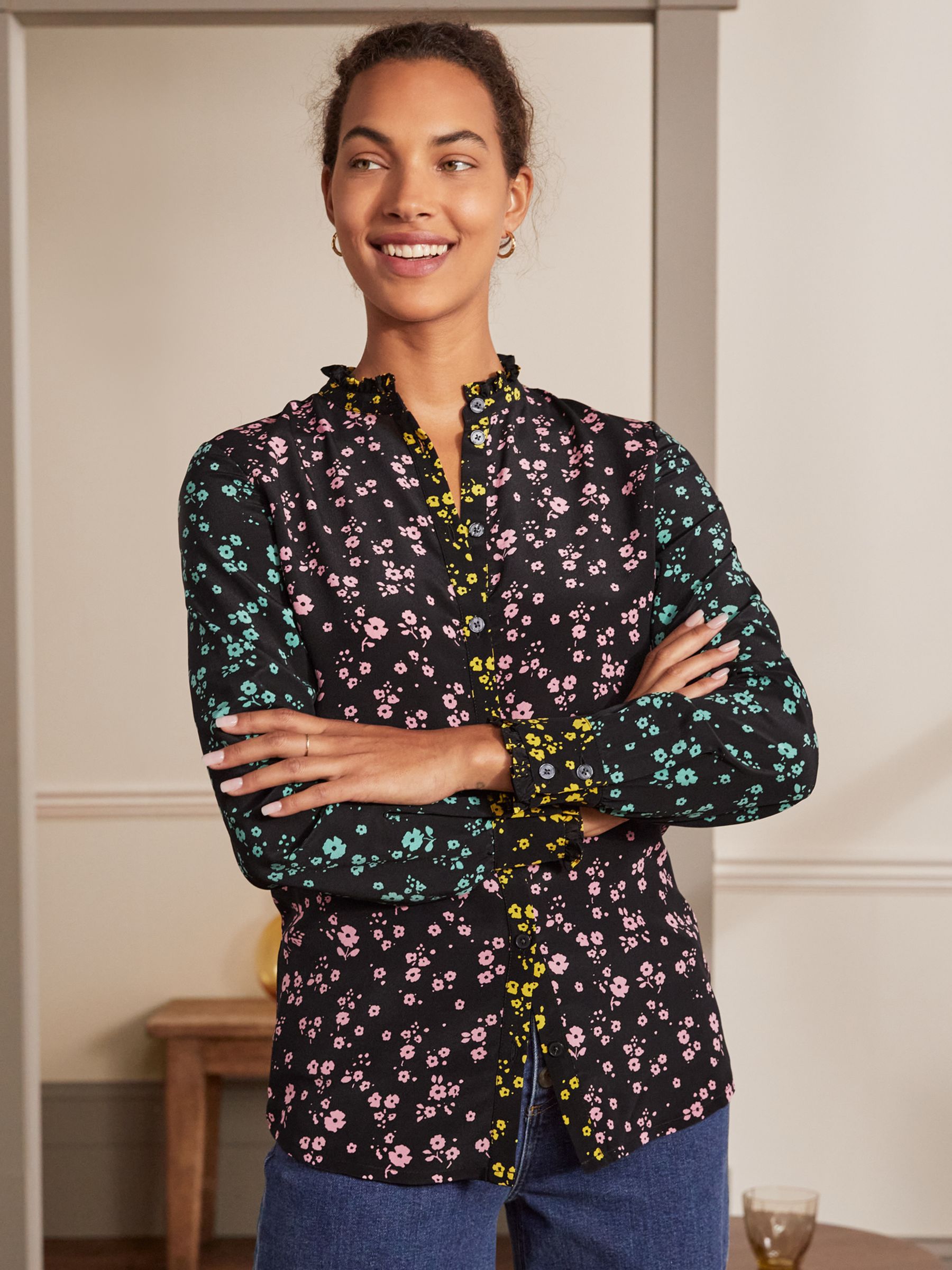 Boden Ruffle Floral Silk Shirt, Black/Multi at John Lewis & Partners