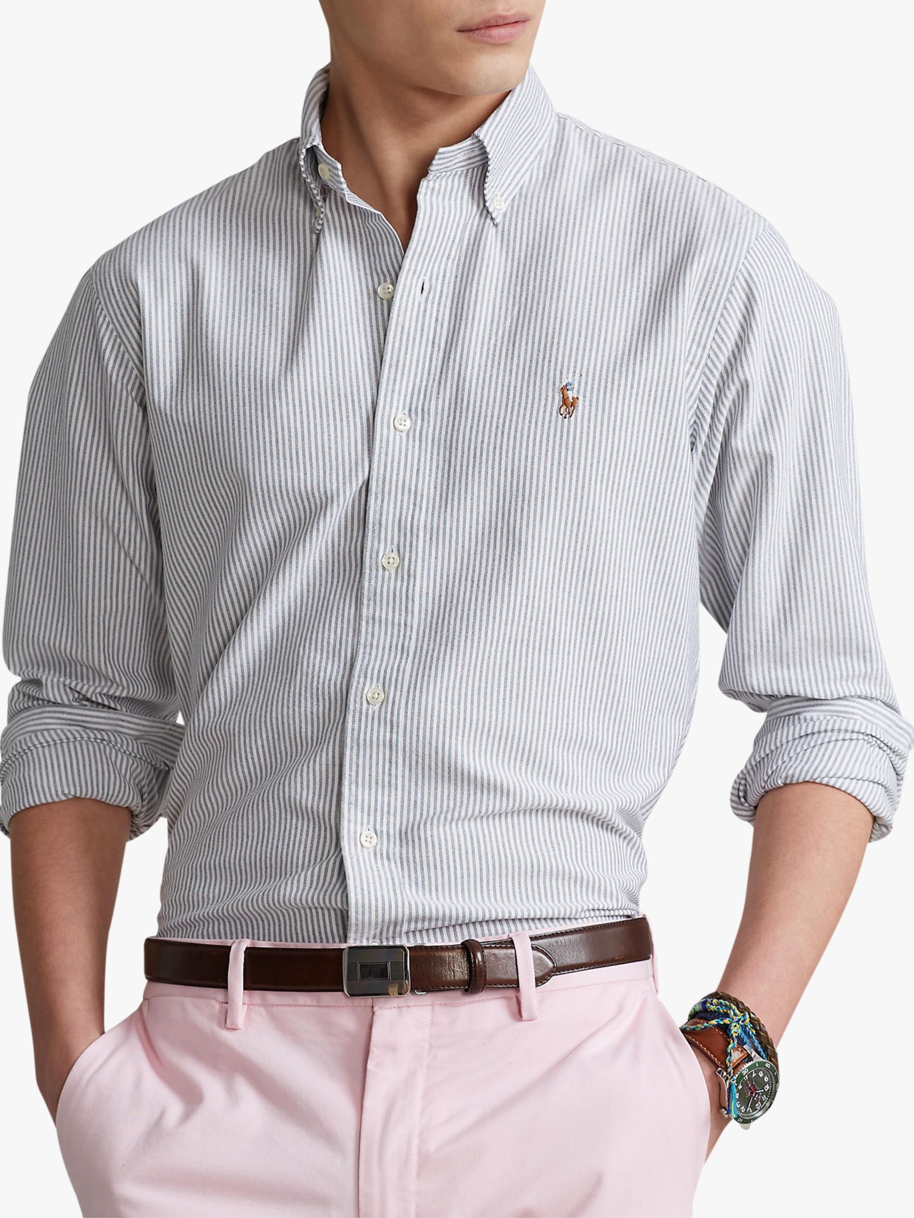 Polo Ralph Lauren Custom Fit Striped Oxford Shirt Slatewhite At John Lewis And Partners 