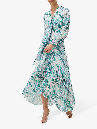Phase Eight Lauretta Abstract Print Tie Neck Flared Maxi Dress, Aquamarine/Ecru